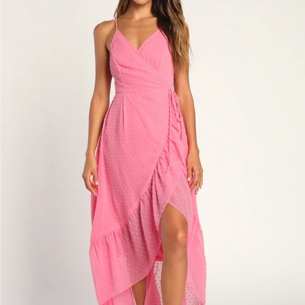 ❌sold❌Lulu's Pink High Low Wrap Dotted Open Back Midi Dress Small